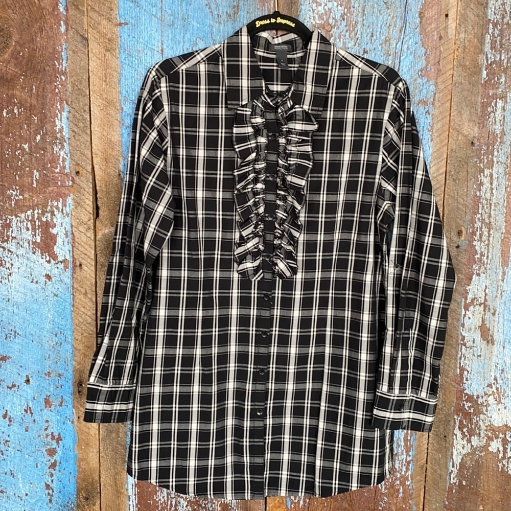 Kenneth Cole Reaction Black Cream Ruffle Shirt Size 6